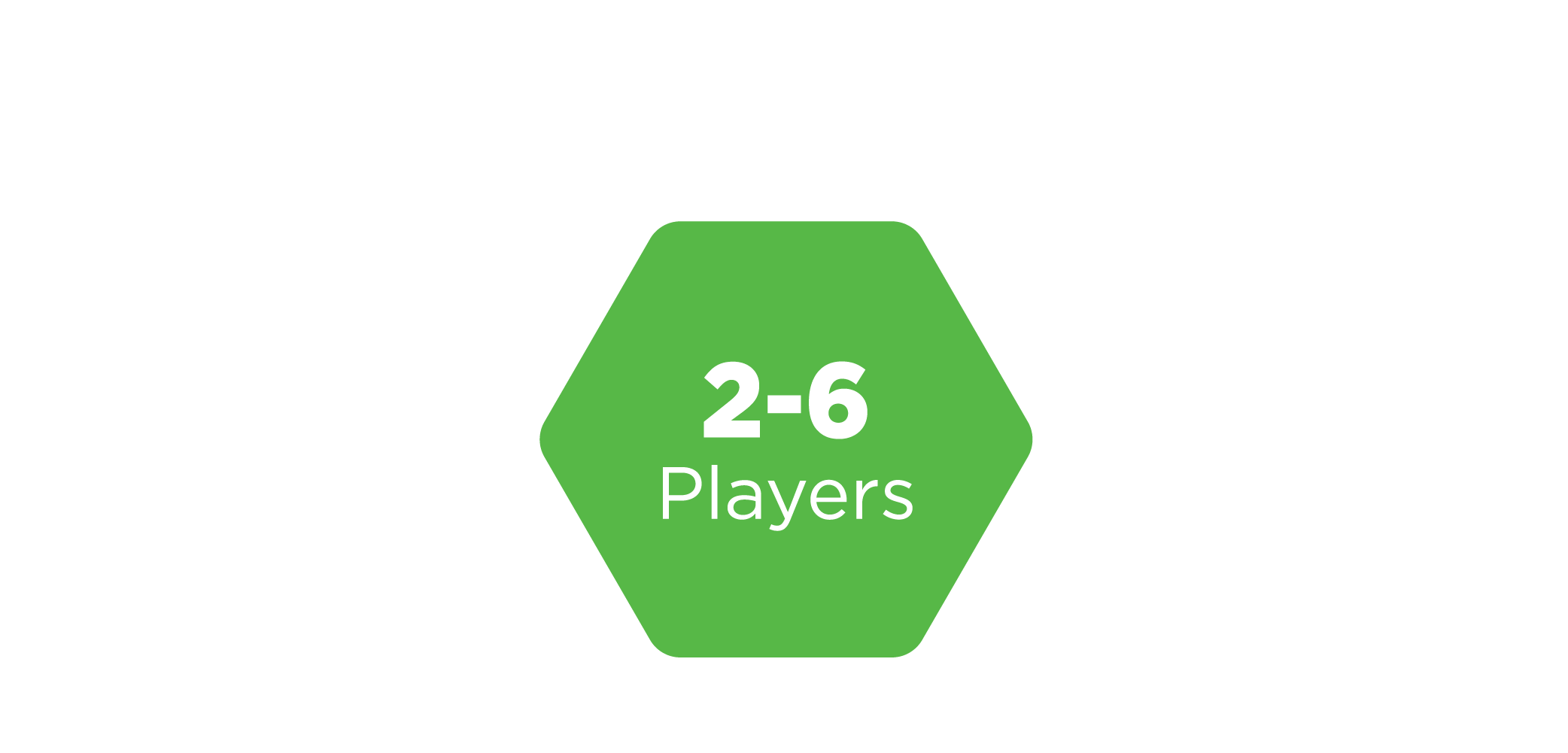 An image showing the Trigahex green hexagon with text indicating it's designed for 2 to 6 players, making it a flexible and fun card game for families and groups of all sizes
