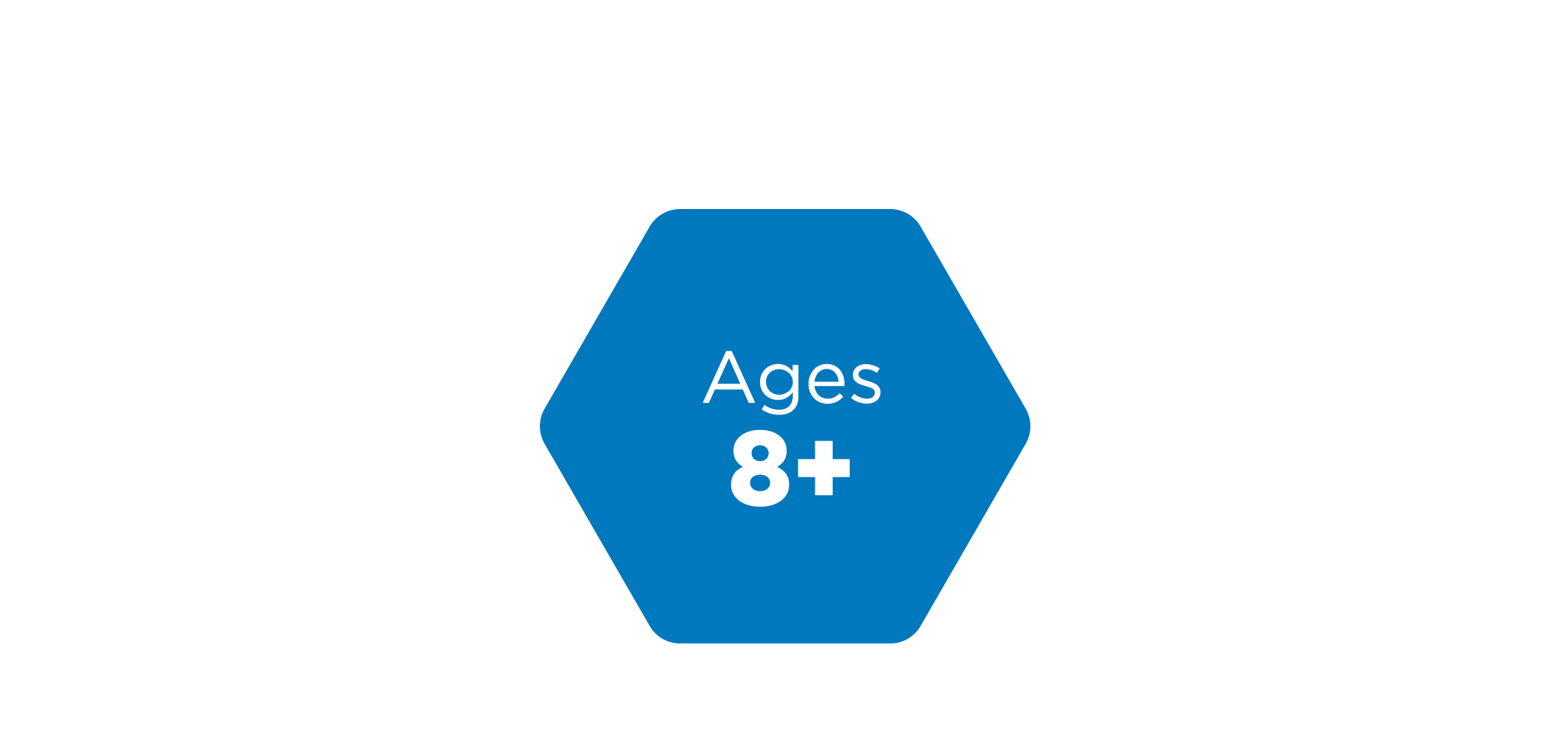 An image of the Trigahex blue hexagon featuring the "Ages 8+" label, showing it's an easy-to-learn, strategic card game suitable for kids, teens, and adults alike.