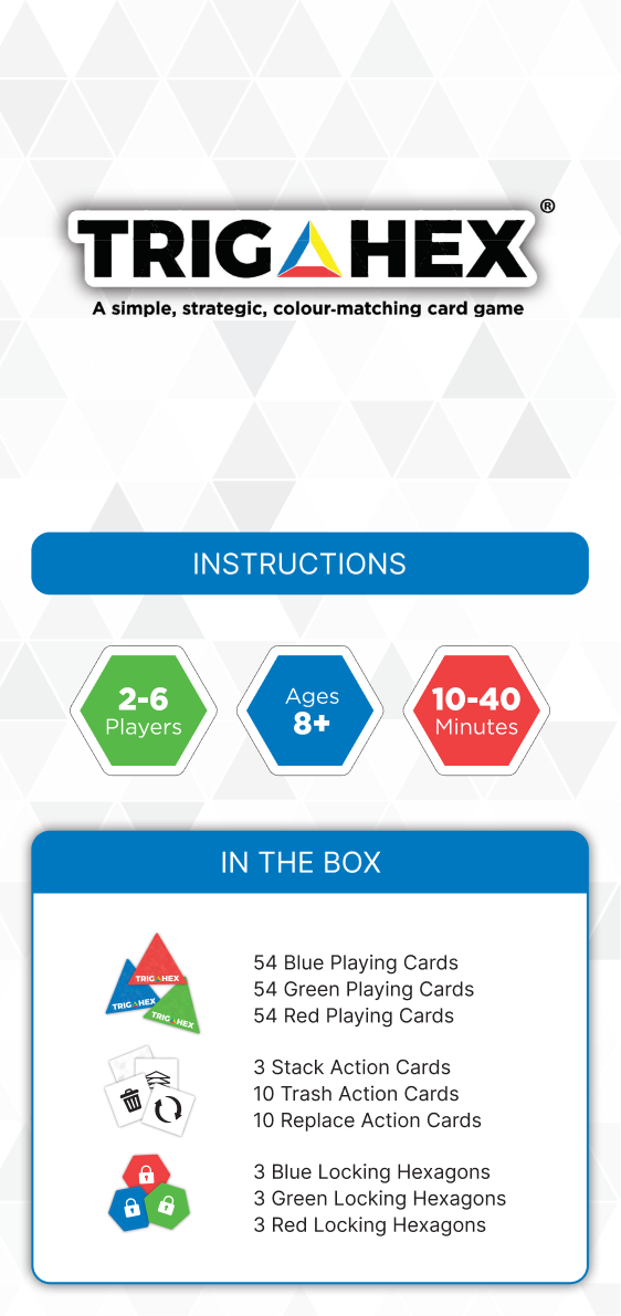 An image of the Trigahex instruction sheet, highlighting the clear, simple rules that make this strategic card game easy to learn and perfect for all ages.