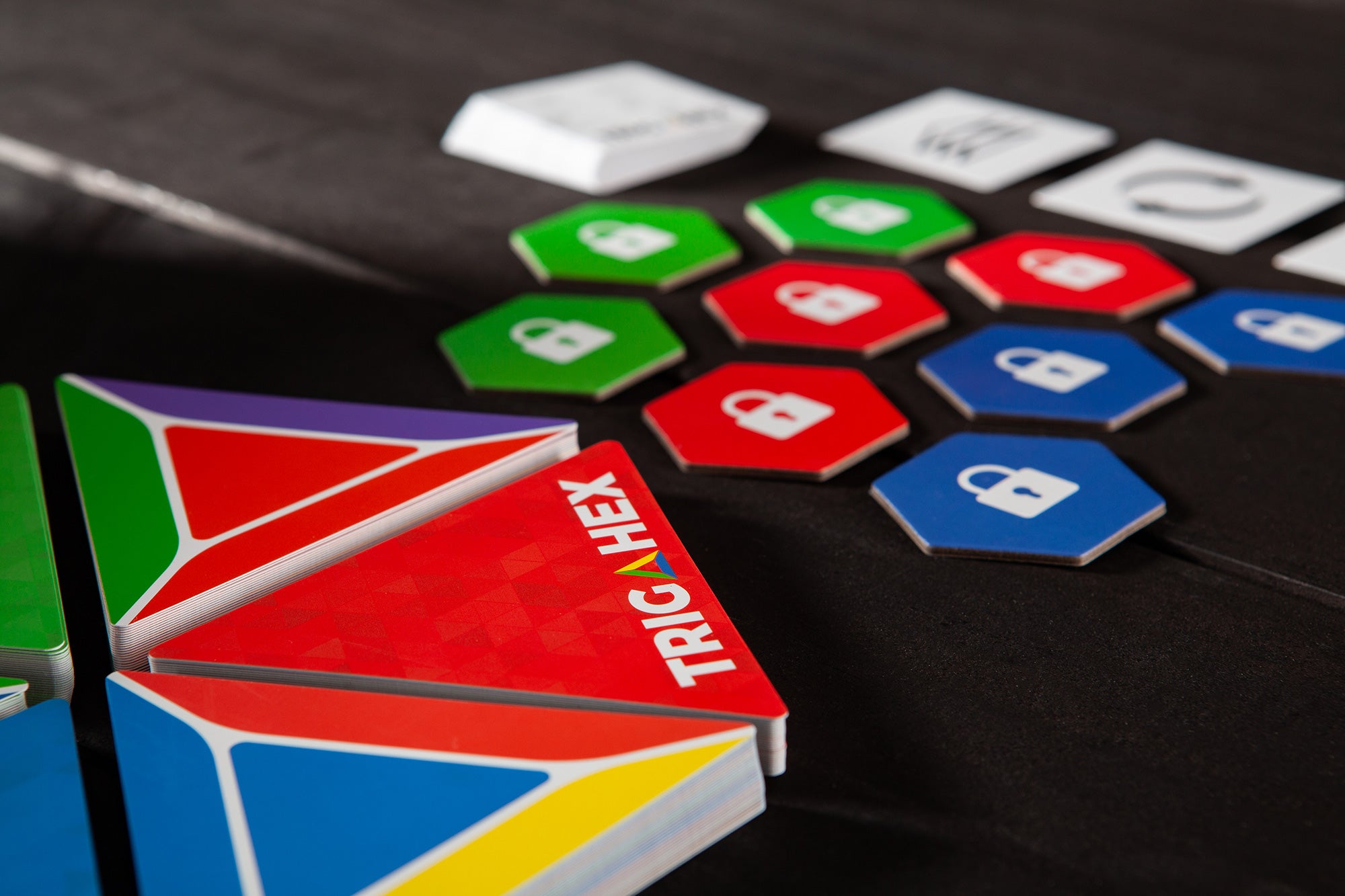 Close-up of Trigahex hexagon cards from a simple yet strategic family card game, designed for easy learning and engaging multigenerational game nights.
